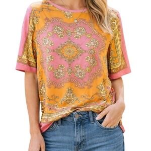 Vibrant Baroque Mandala Scarf Print Blouse Pink Orange Boho Chic Top Petite L